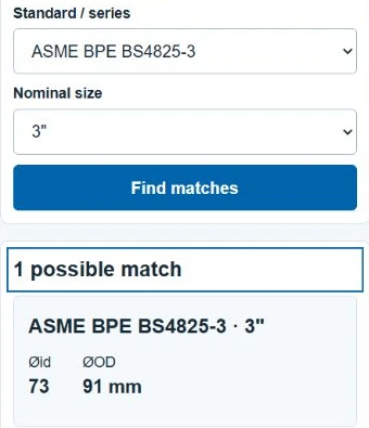 Consulta en inglés por norma ASME BPE BS4825-3 y tamaño nominal de 3 pulgadas, con resultado de junta