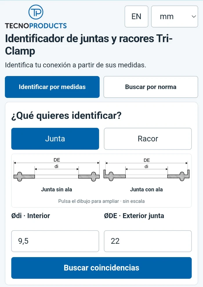 Búsqueda de una junta con diámetro interior de 9,5 mm y exterior de 22 mm